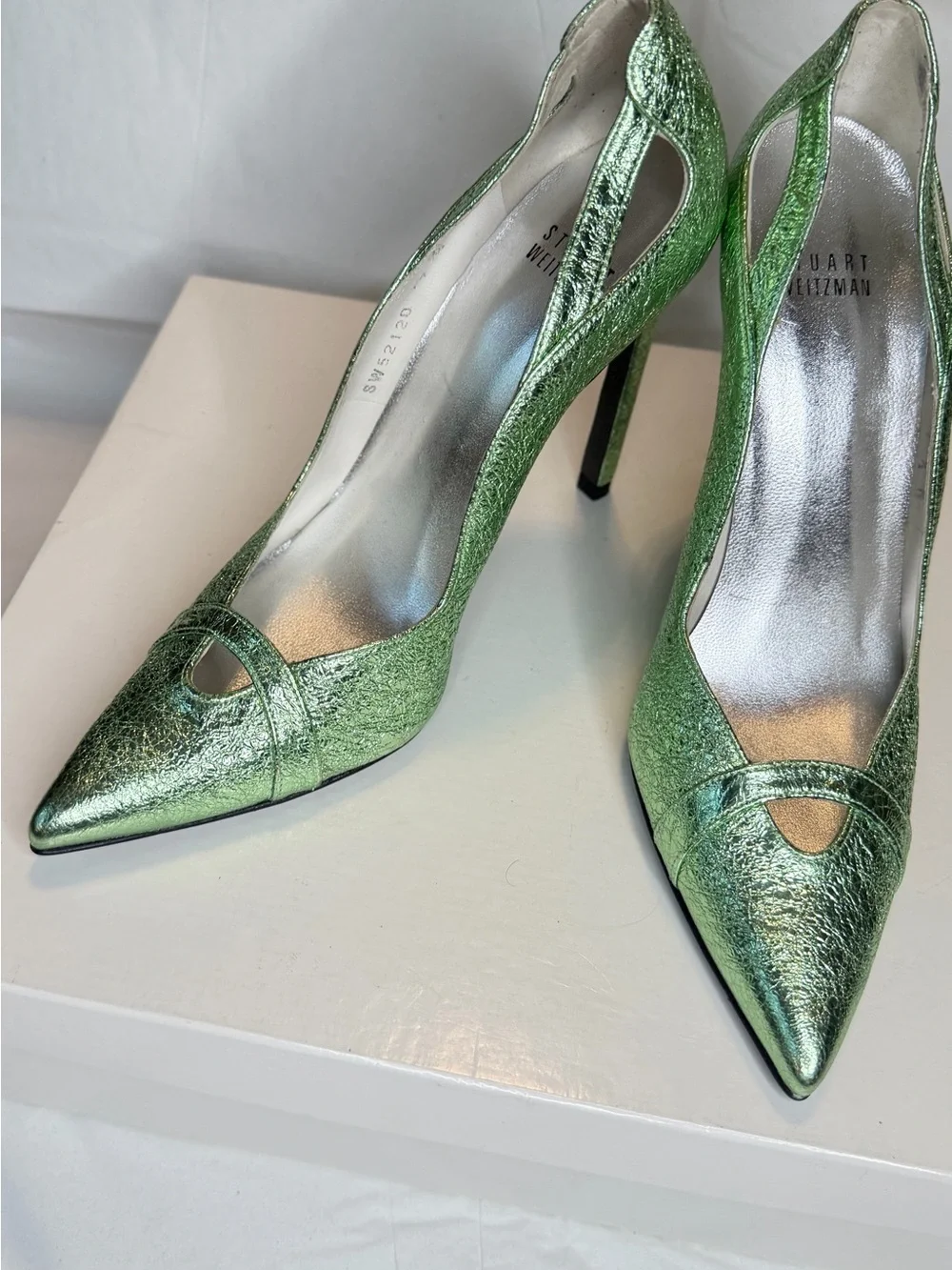 Stuart Weitzman Metallic Lime Green Cutout Pointed-Toe Pumps - Picture 1 of 6